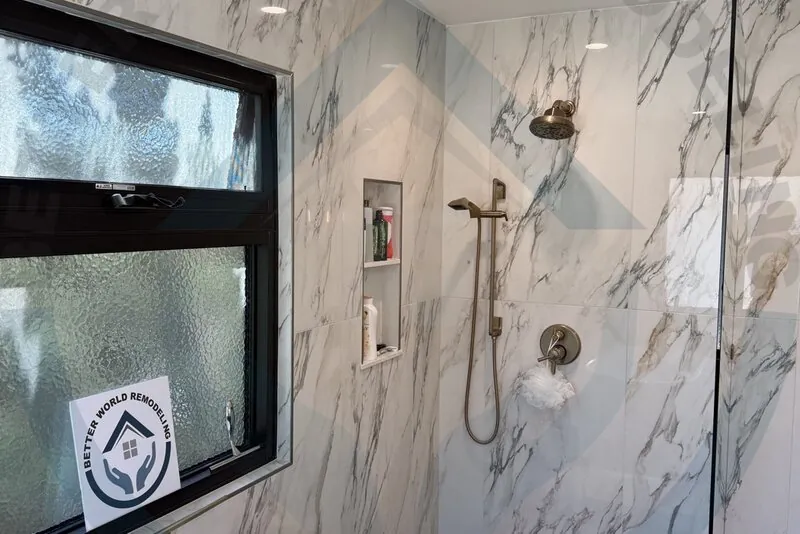Glass shower and mosaic tile bathroom in Corona