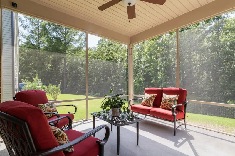 Modern patio with red seating