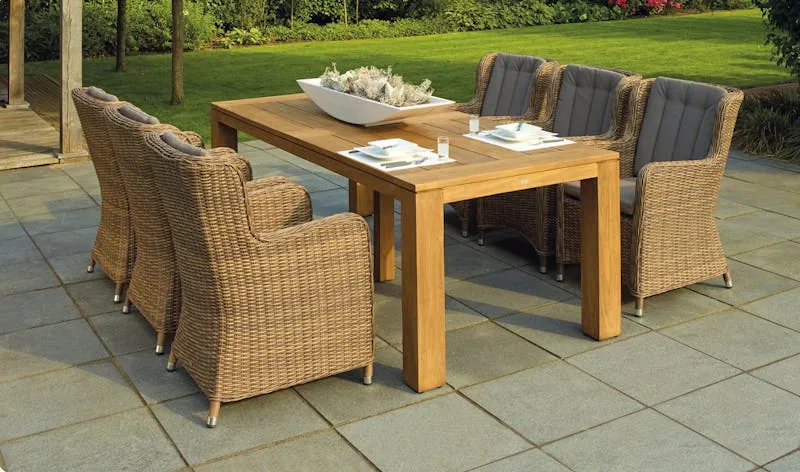 Outdoor dining setup with garden